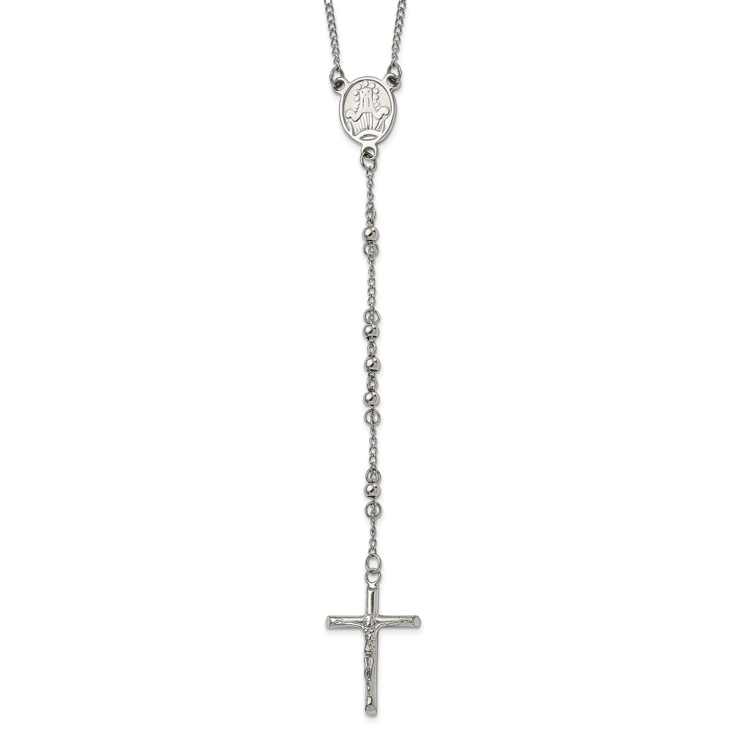Religious Rosary Necklace, Stainless Steel, 25 inch, 4mm Beaded Chain with Cross