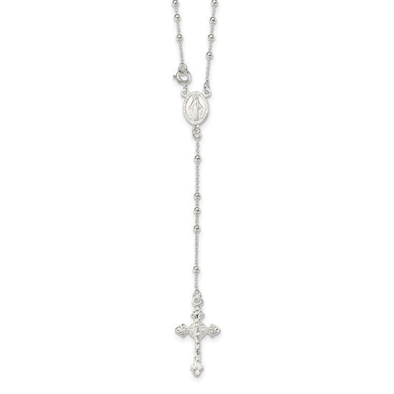 Sterling Silver Religious Rosary Necklace, 18 inch, Beaded Chain with Cross