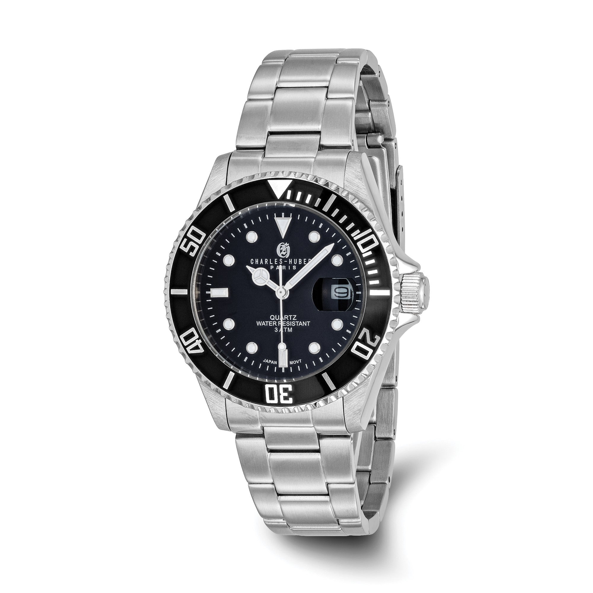 Men's Charles Hubert Stainless Steel Black Dial with Date Watch - JewelryAffairs