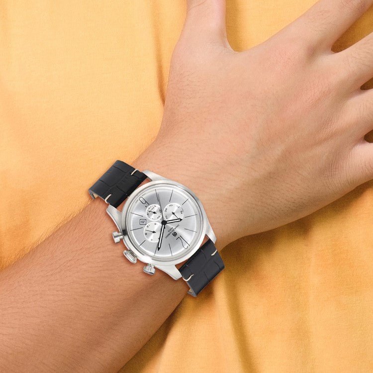 Mens Charles Hubert Stainless Steel Leather Band 46mm Dual Time Watch