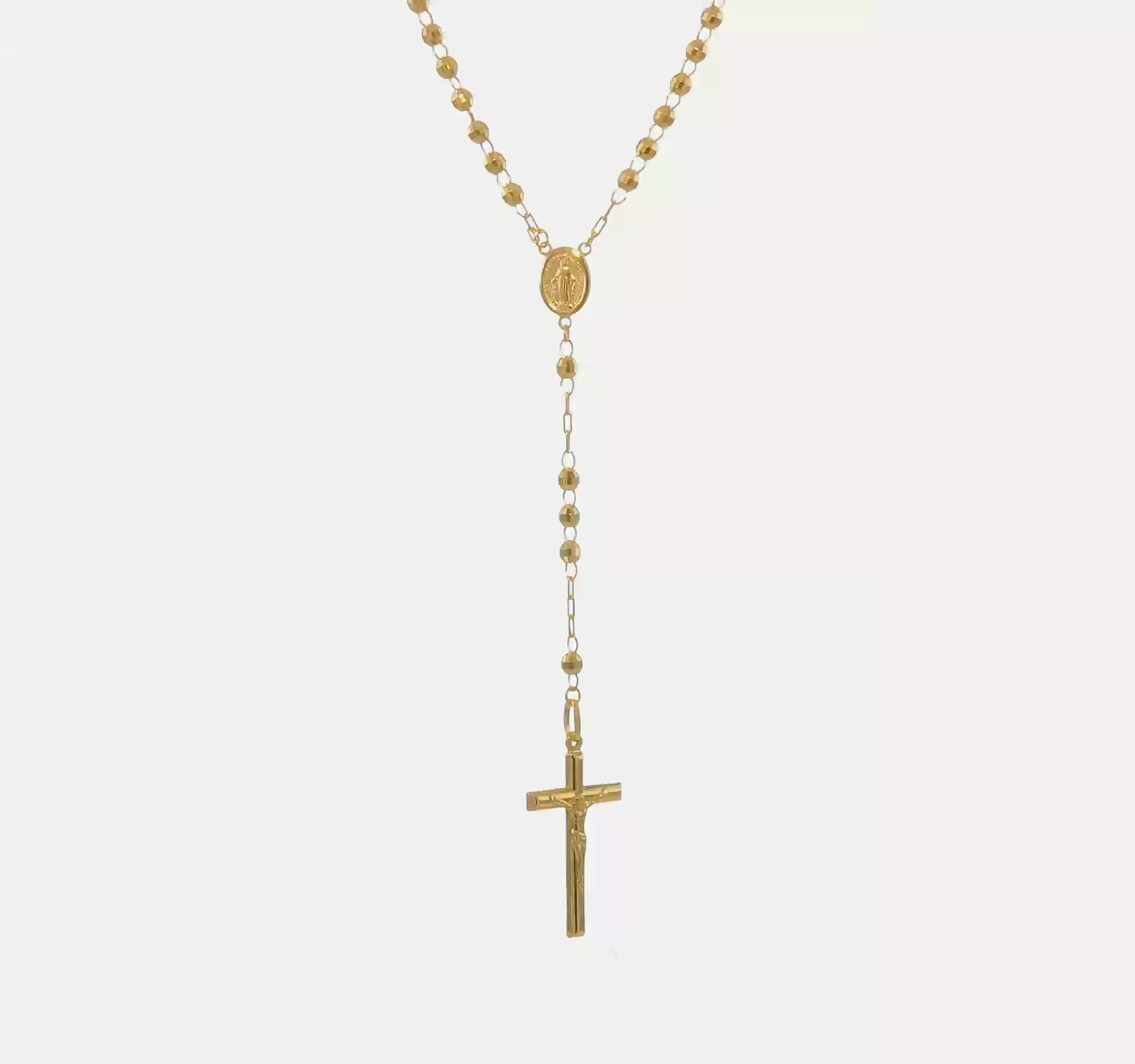 14K Yellow Gold Rosary Necklace, 4mm Beaded Chain, 24 inch Length, Cross Pendant