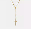14K Yellow Gold Rosary Necklace, 4mm Beaded Chain, 24 inch Length, Cross Pendant