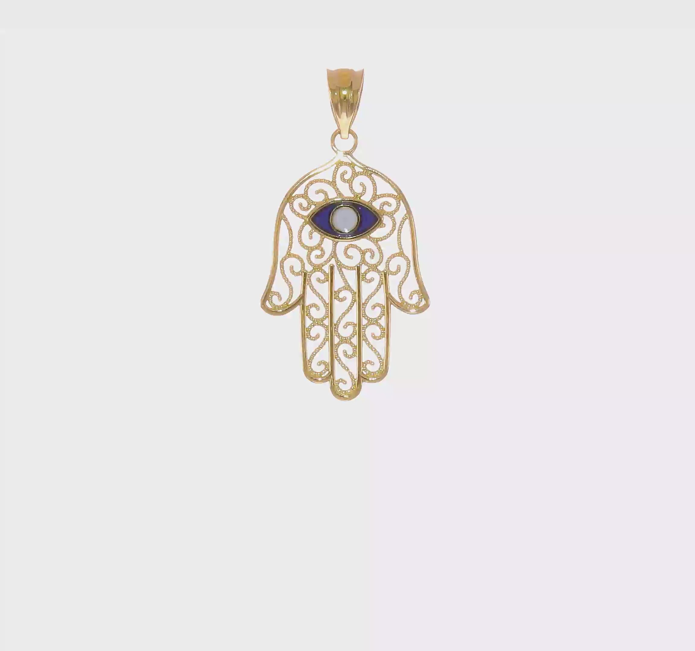 14K Yellow Gold and Enamel Filigree Hamsa Pendant, 30mm