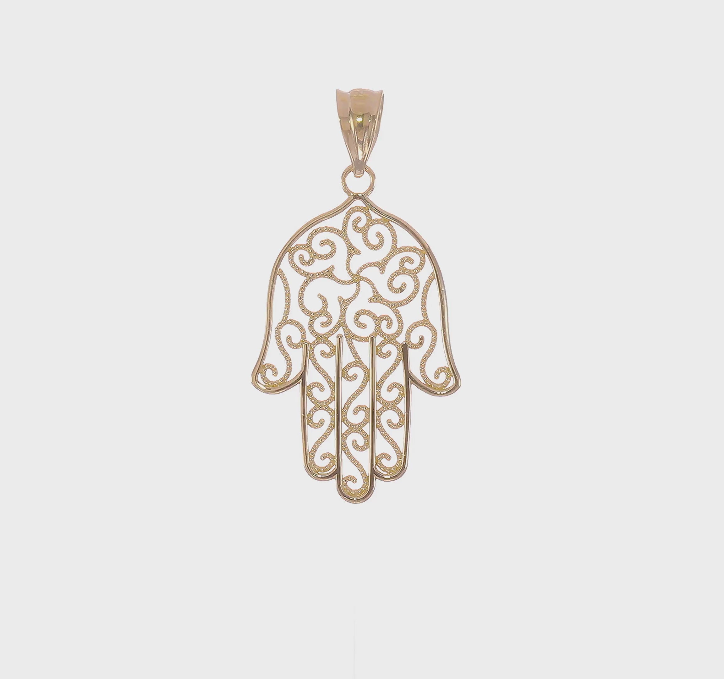 14k Yellow Gold Filigree Hamsa Hand Pendant, Religious Charm, 26mm x 16mm