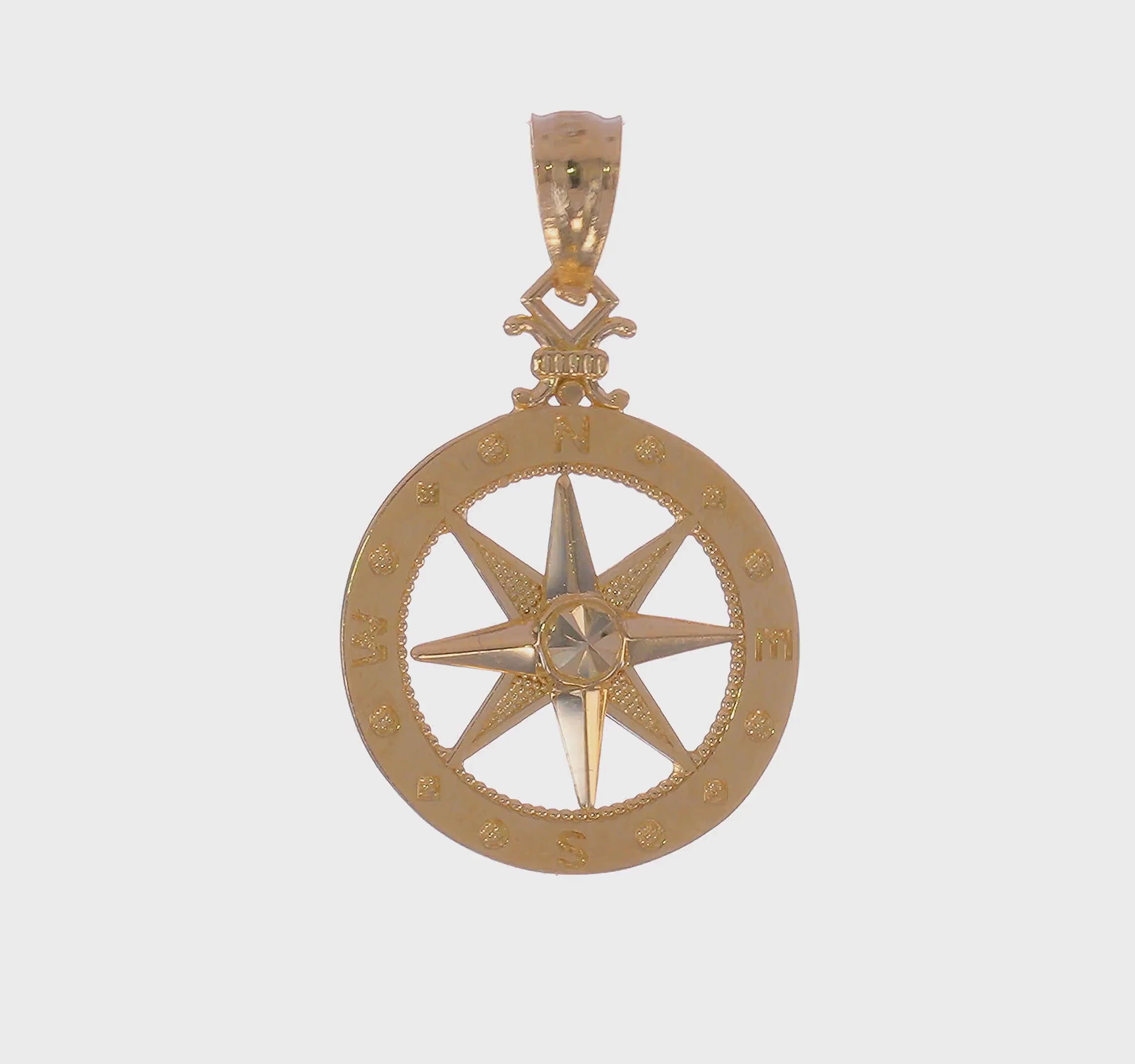 14k Yellow Gold Diamond-cut Compass Pendant, 22mm