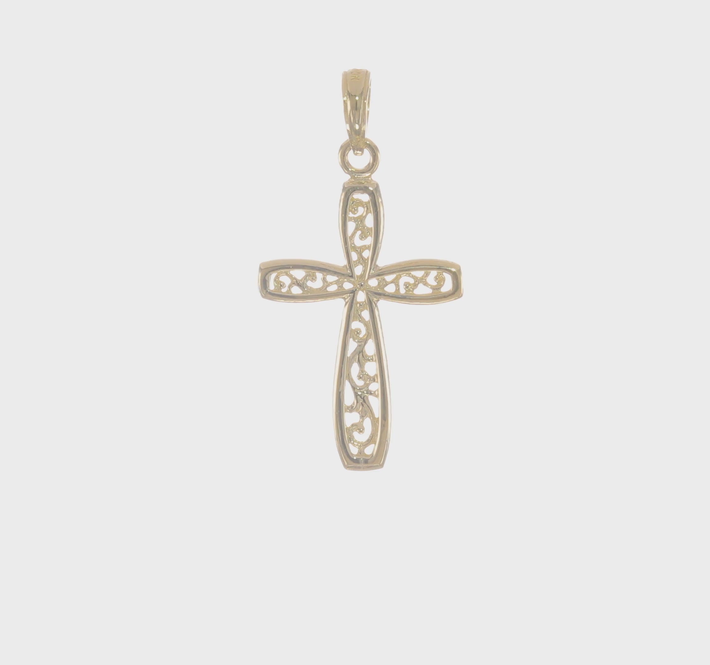 Real Gold Cross with Filigree Center Charm Pendant, 24x14mm