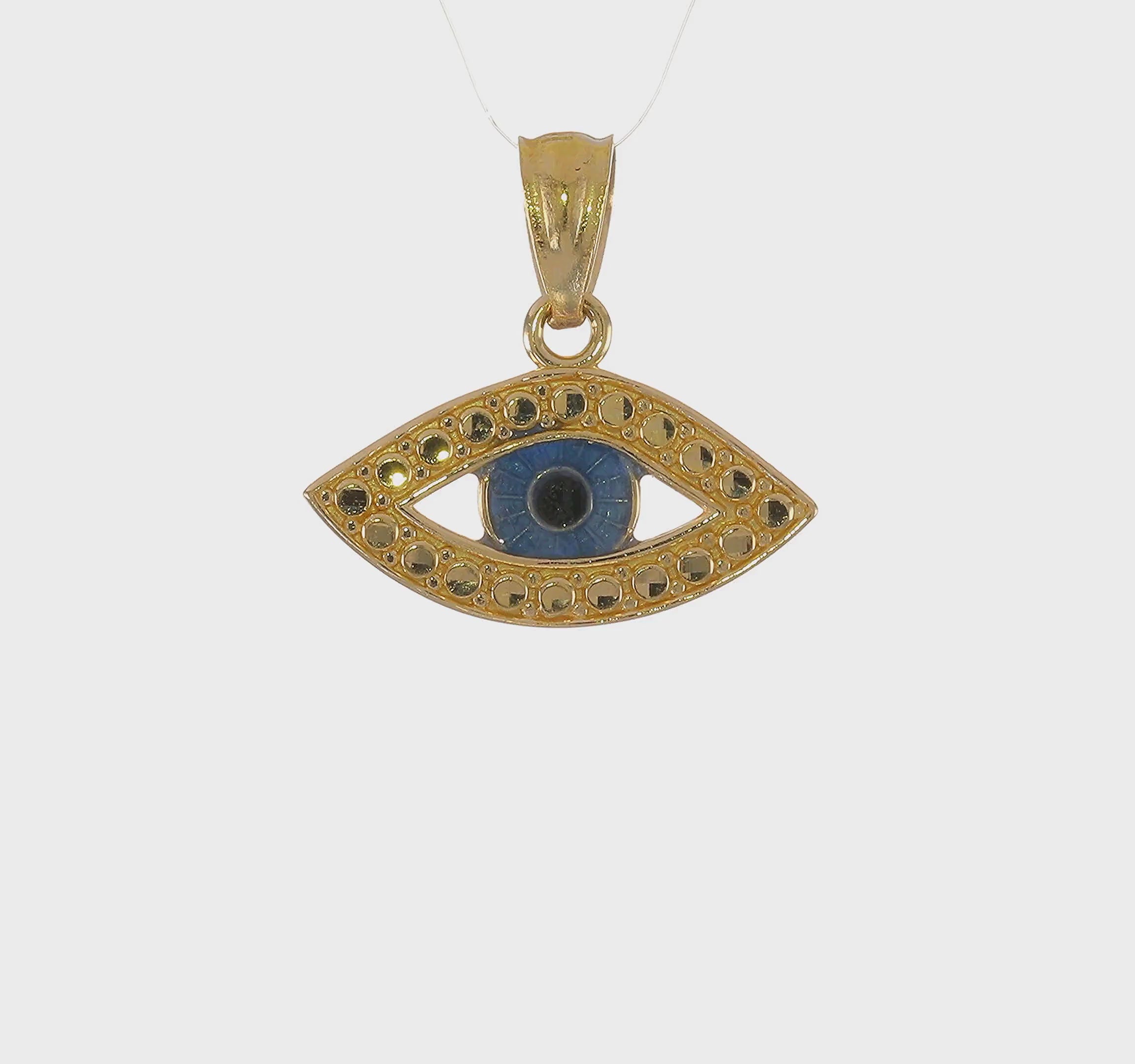 14K Yellow Gold Evil Eye Pendant with CZ Stones and Enamel