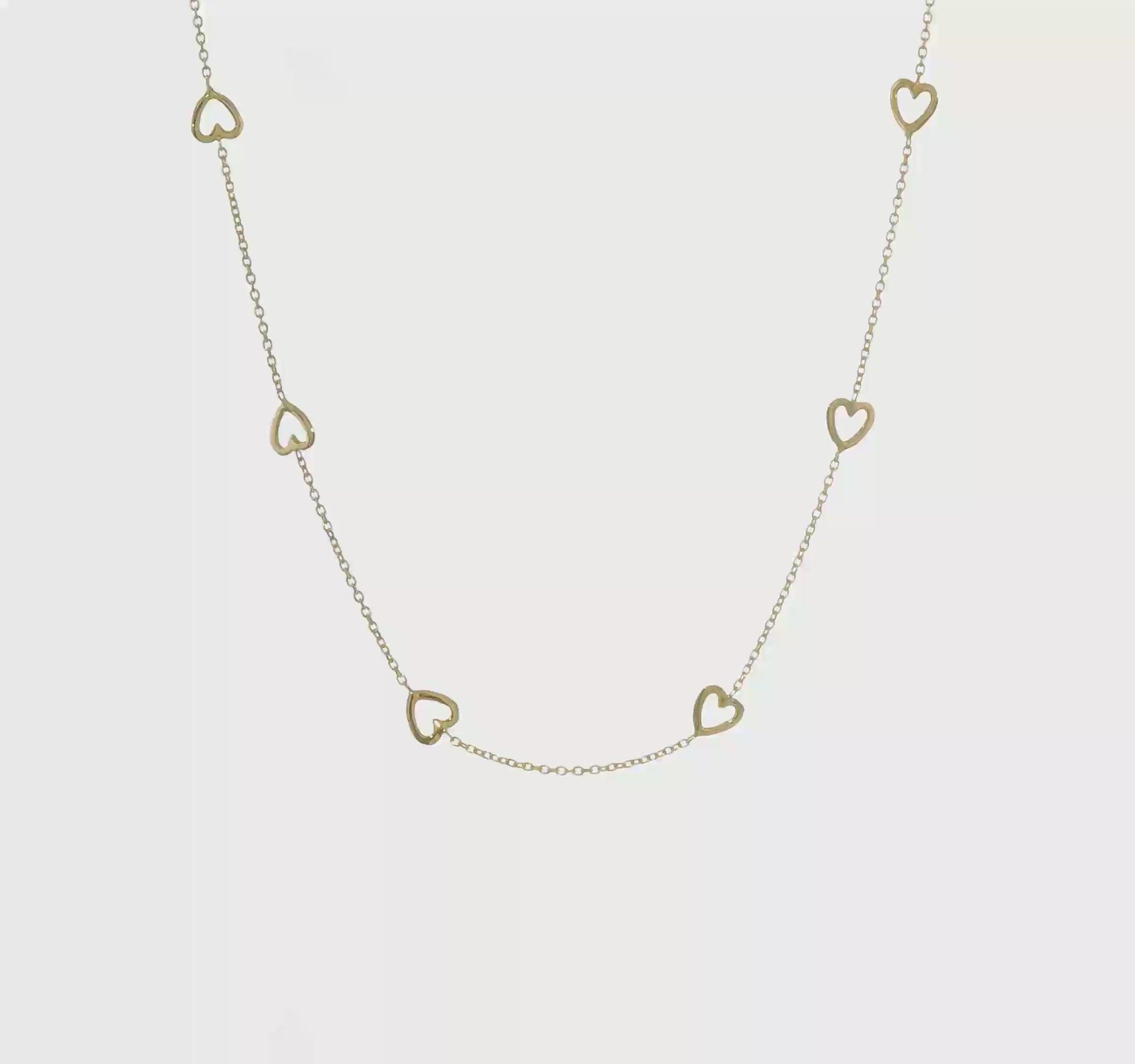 14k Yellow Gold Open Hearts Pendant Station Necklace