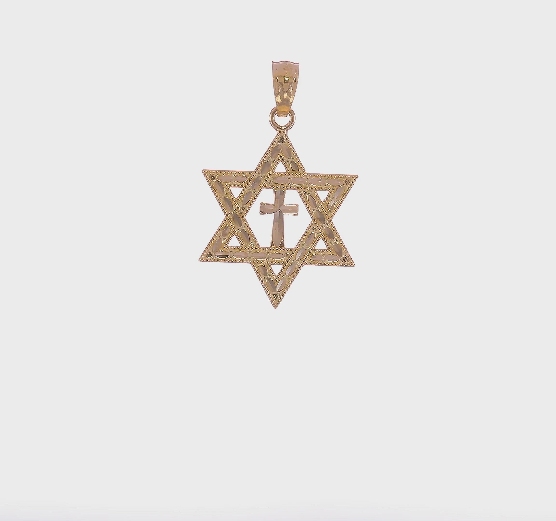 14K Yellow Gold Star of David with Cross Pendant, Diamond-Cut Design, 26mm x 16mm
