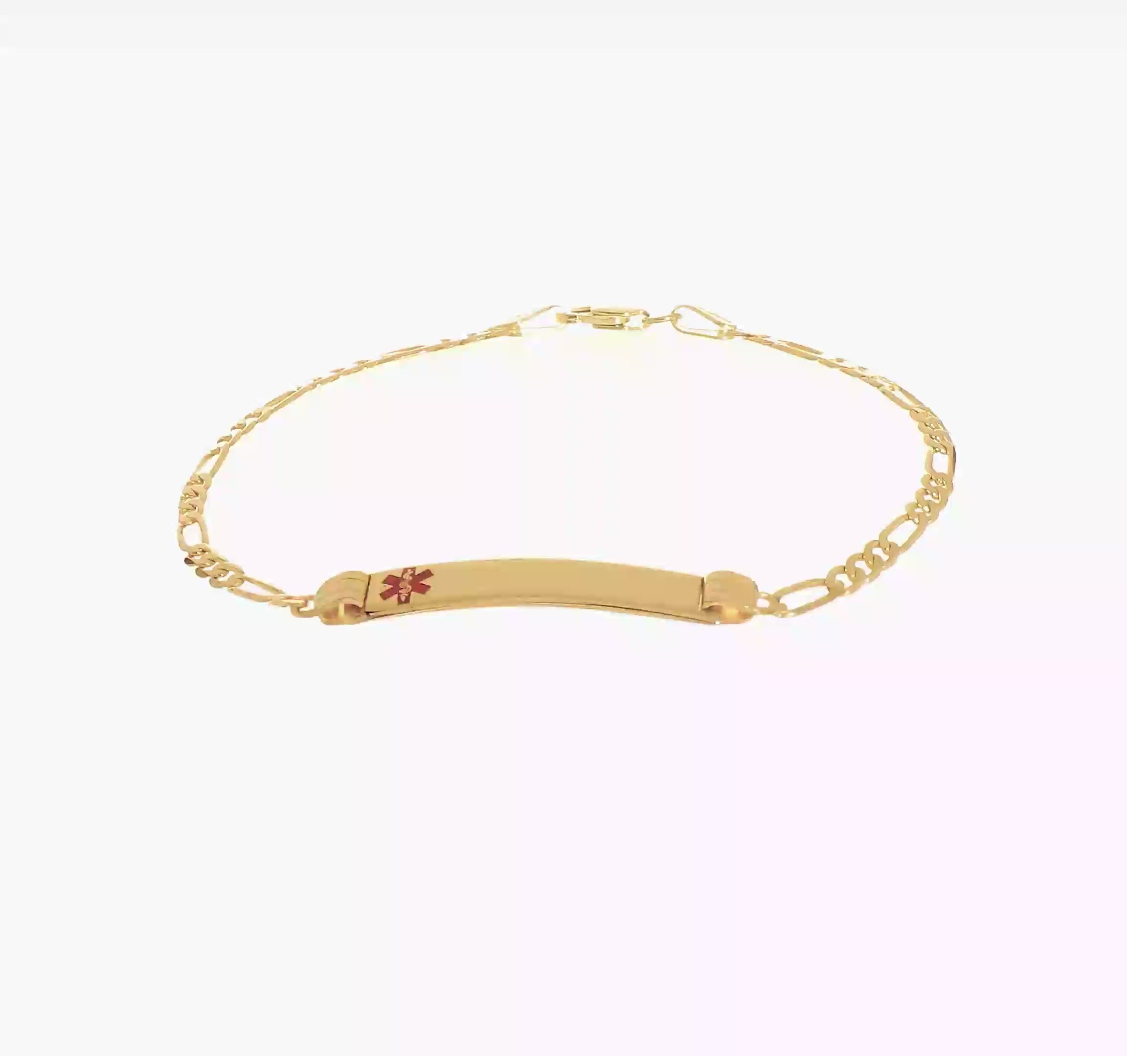 14k Yellow Gold Medical Red Enamel Cross Figaro Alert ID Bracelet
