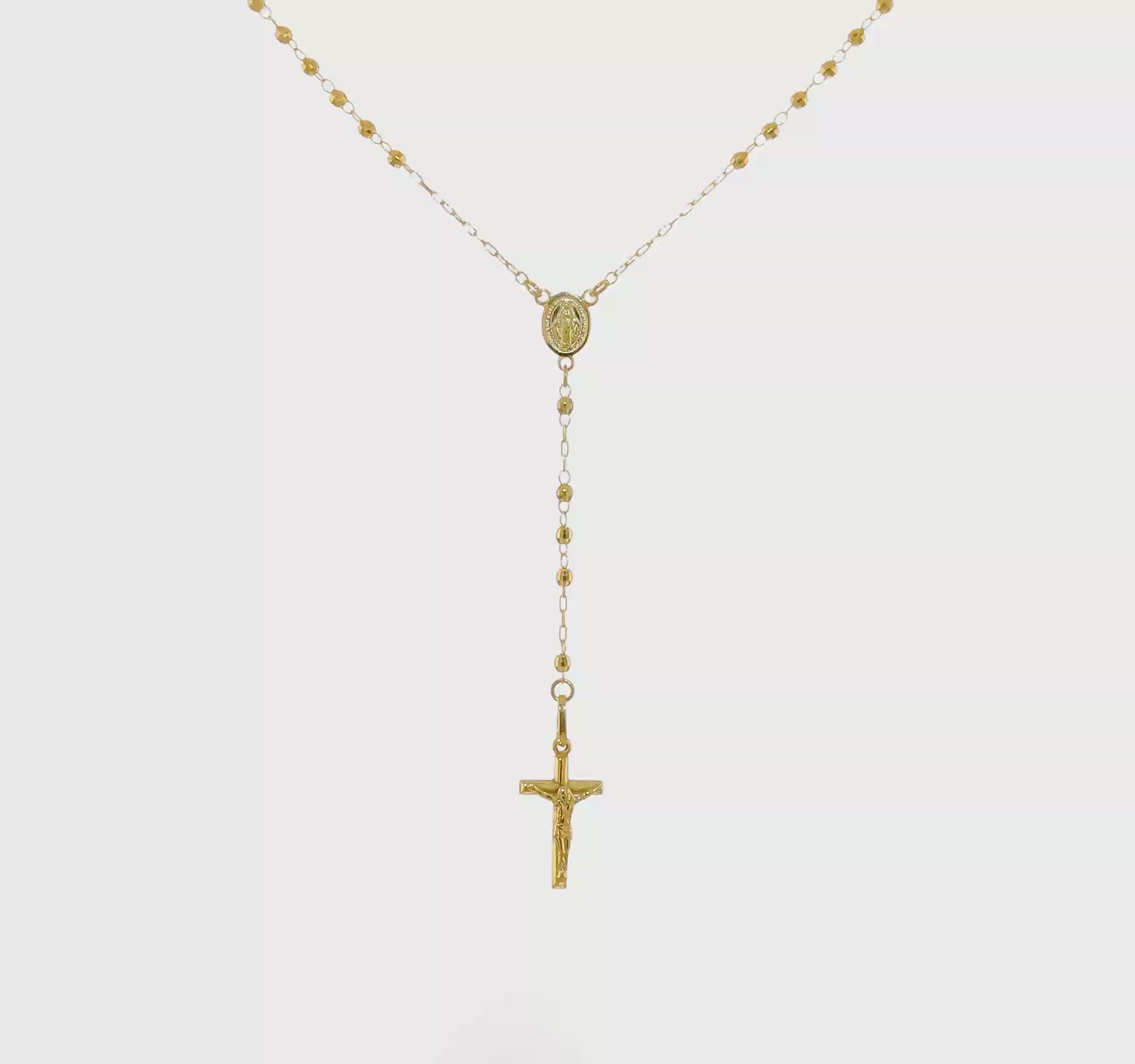 14K Yellow Gold Rosary Necklace, Faceted Beads Chain, Cross and Medallion, 24 Inch