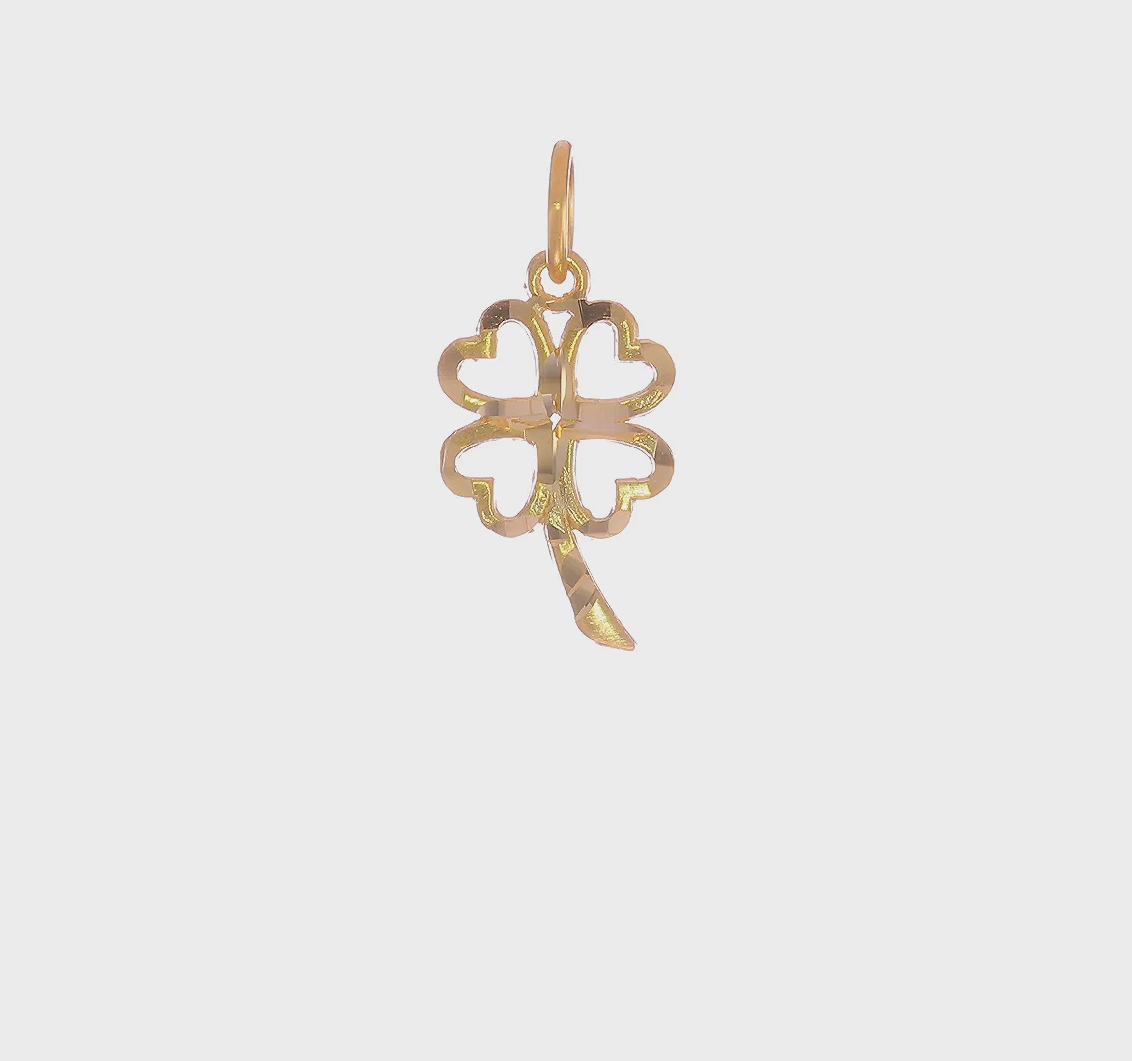10K Yellow Gold Four Leaf Clover Charm Pendant, Heart Design, 20mm x 10mm