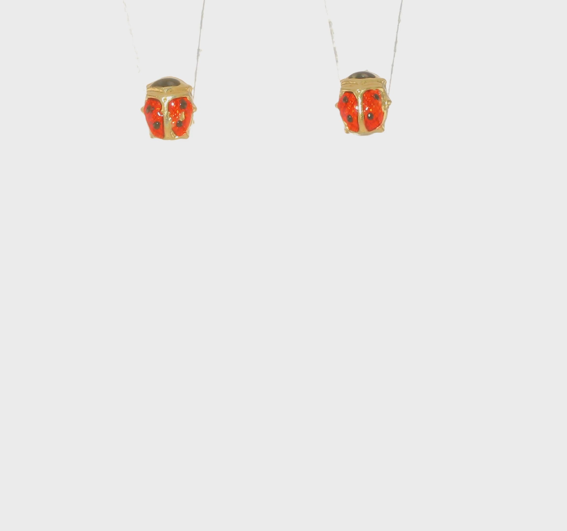14K Real Yellow Gold and Red and Black Enamel Ladybug Post Stud Earrings