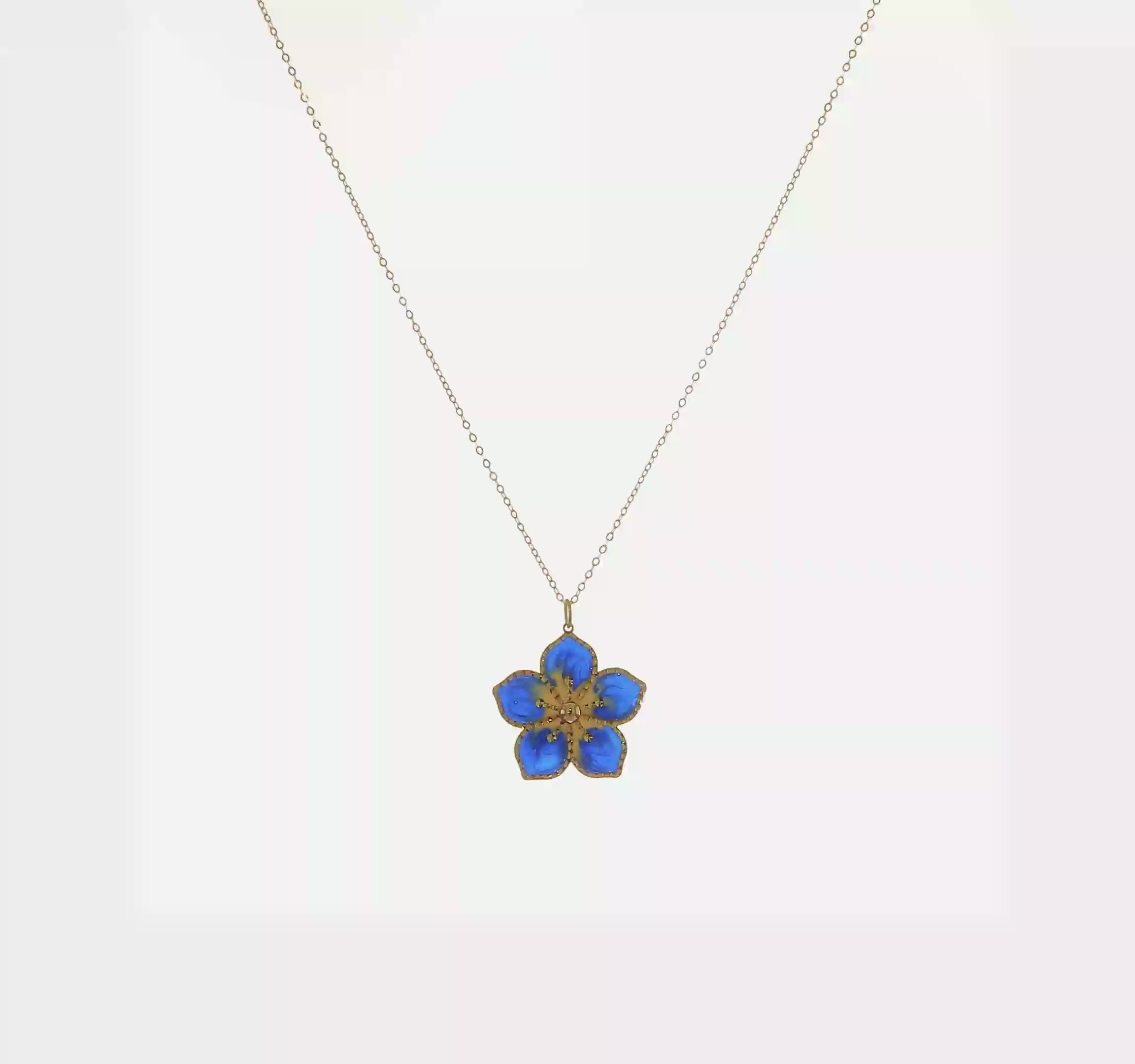 14K Yellow Gold Blue Enamel Flower Pendant Necklace, 16 Inch Chain with 2 Inch Extension