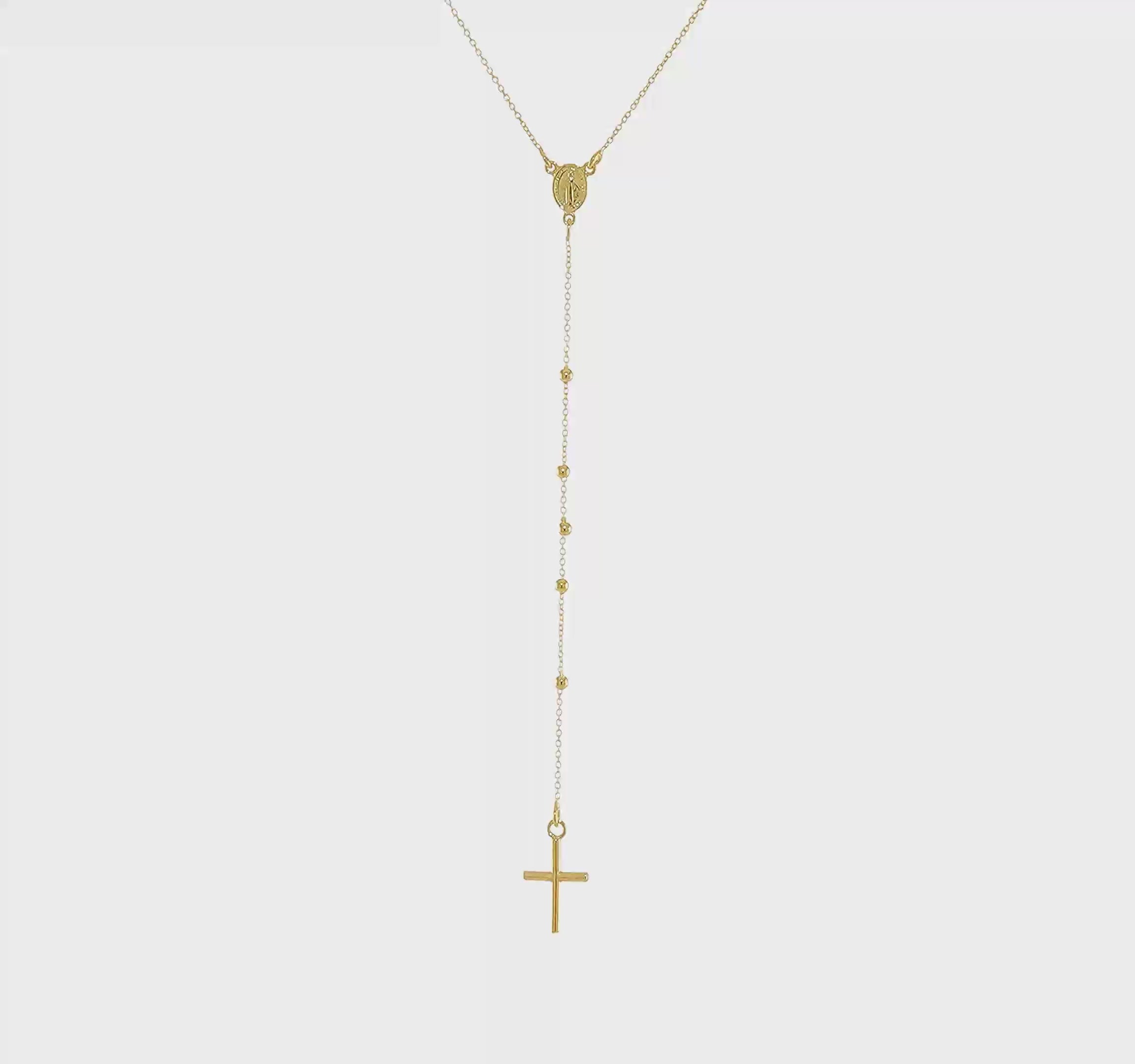 14k Solid Yellow Gold High Polished Rosary 24 inch Cross Necklace