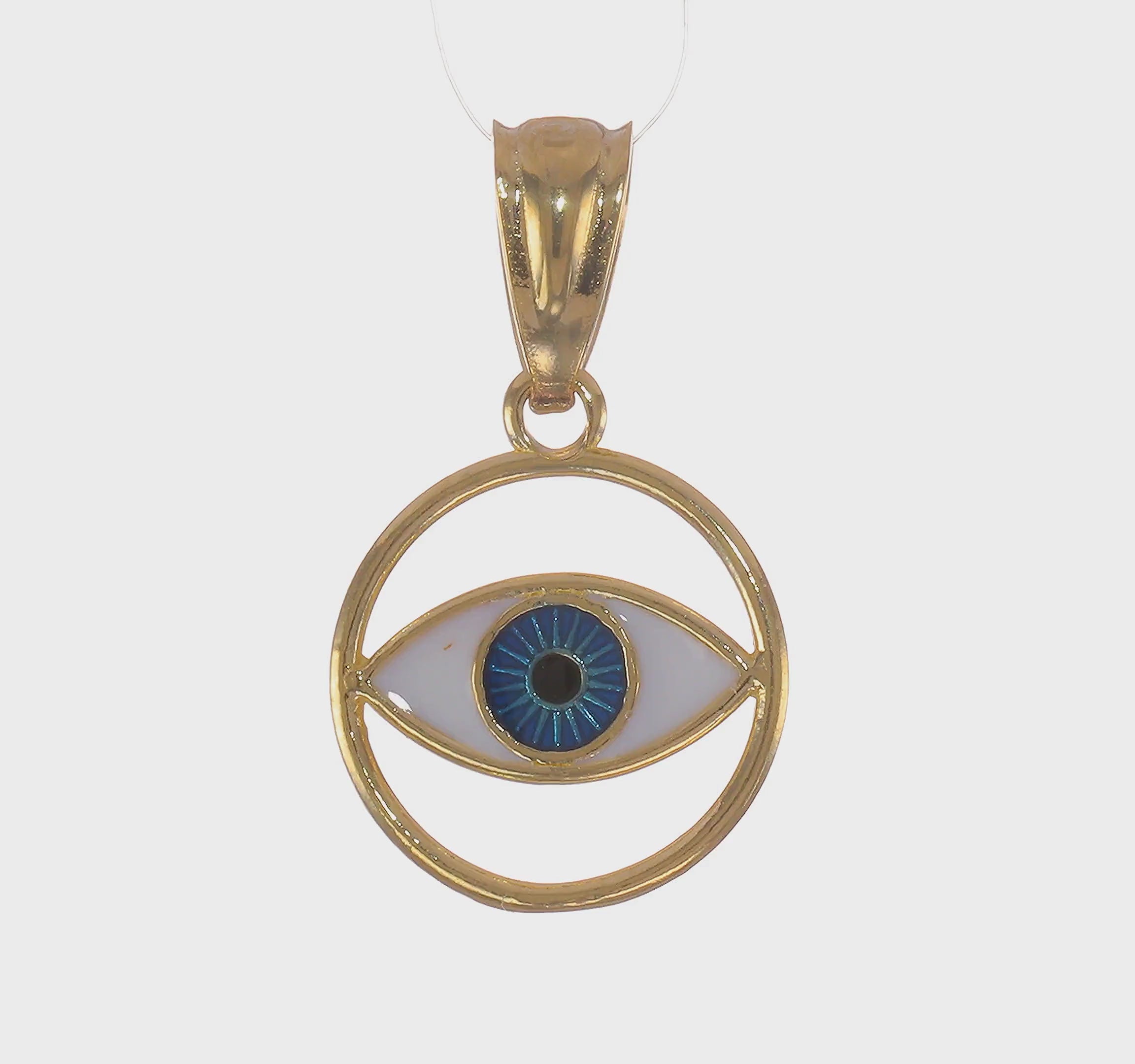 14k Yellow Gold Blue Enamel Eye Pendant, 16mm
