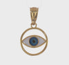 14k Yellow Gold Blue Enamel Eye Pendant, 16mm