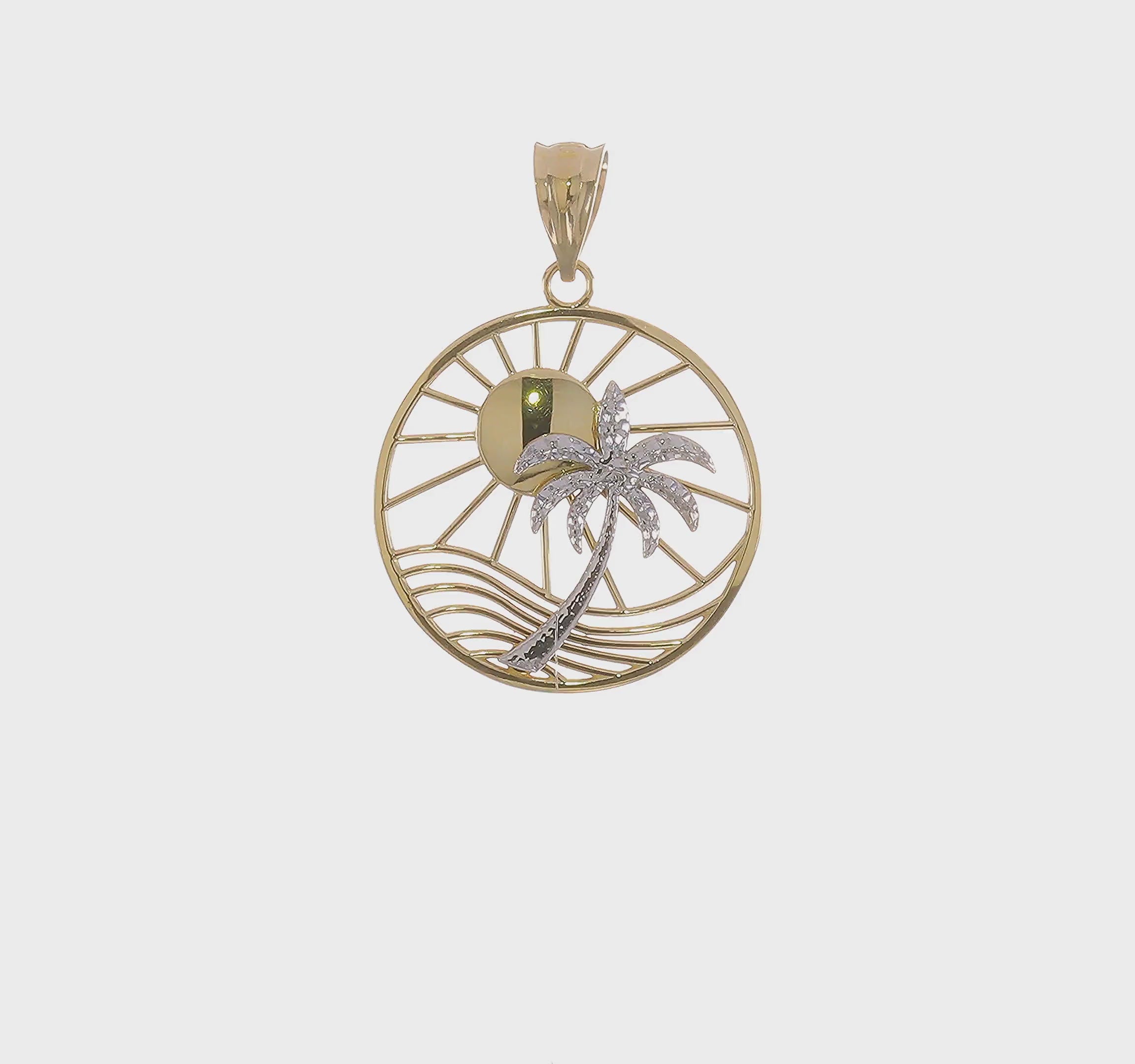 14K Two-Tone Gold Beach Scene Pendant, Sun and Palm Tree Design, 20mm