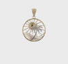 14K Two-Tone Gold Beach Scene Pendant, Sun and Palm Tree Design, 20mm