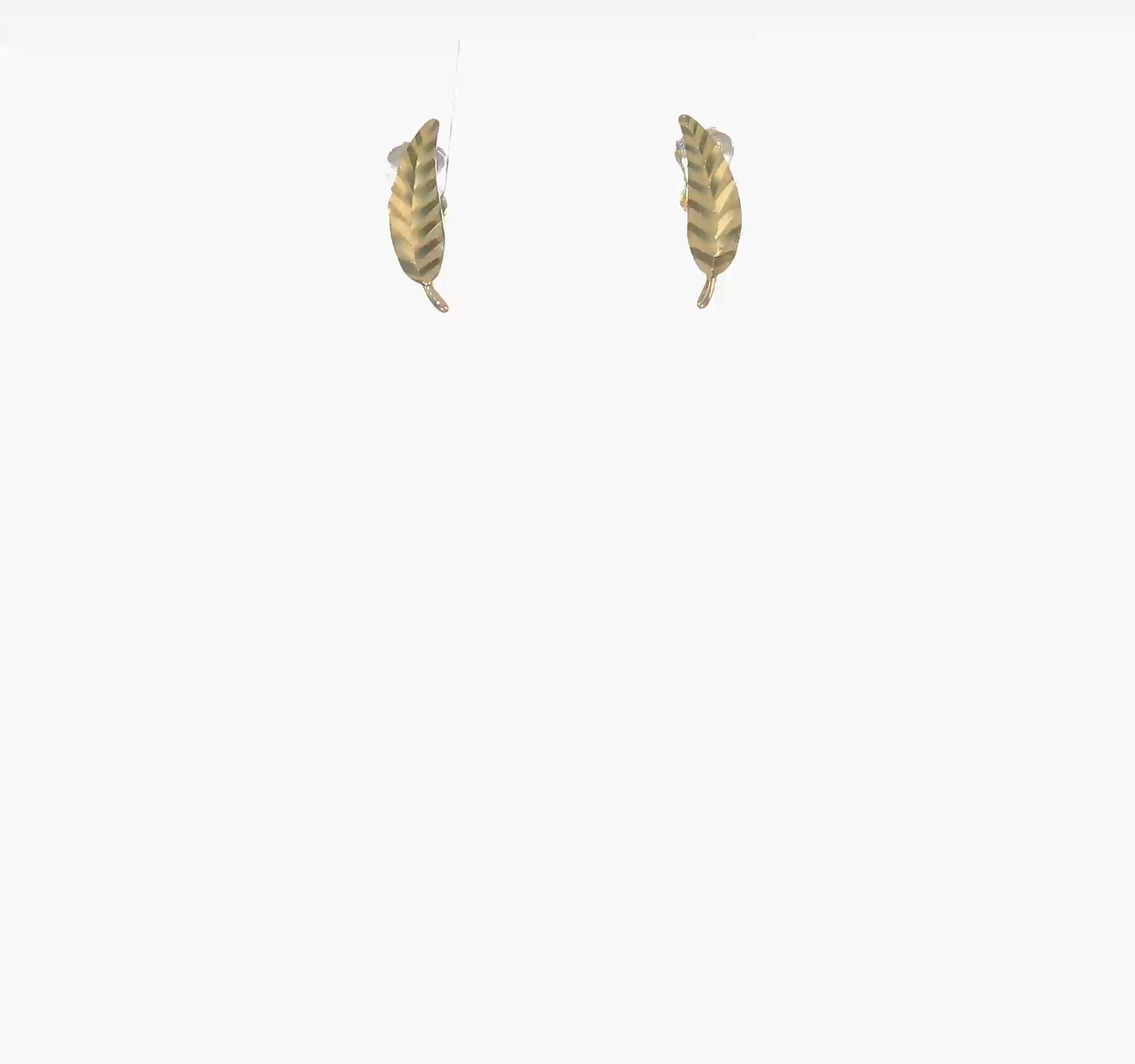 14K Real Yellow Gold Diamond Cut Leaf Ear Climber Stud Earrings