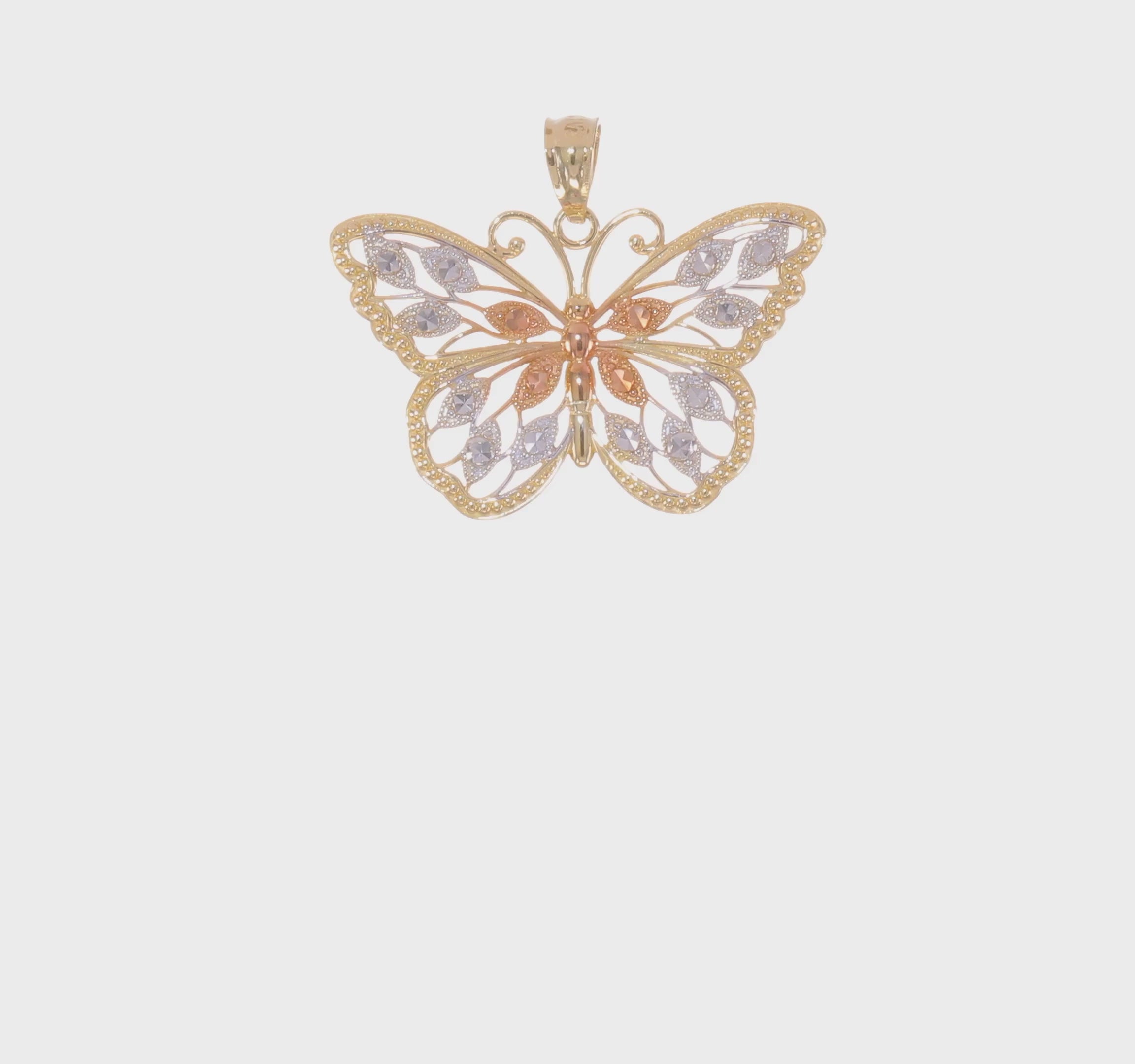 14k Yellow White and Rose Gold Diamond Cut Butterfly Pendant, 16x26mm