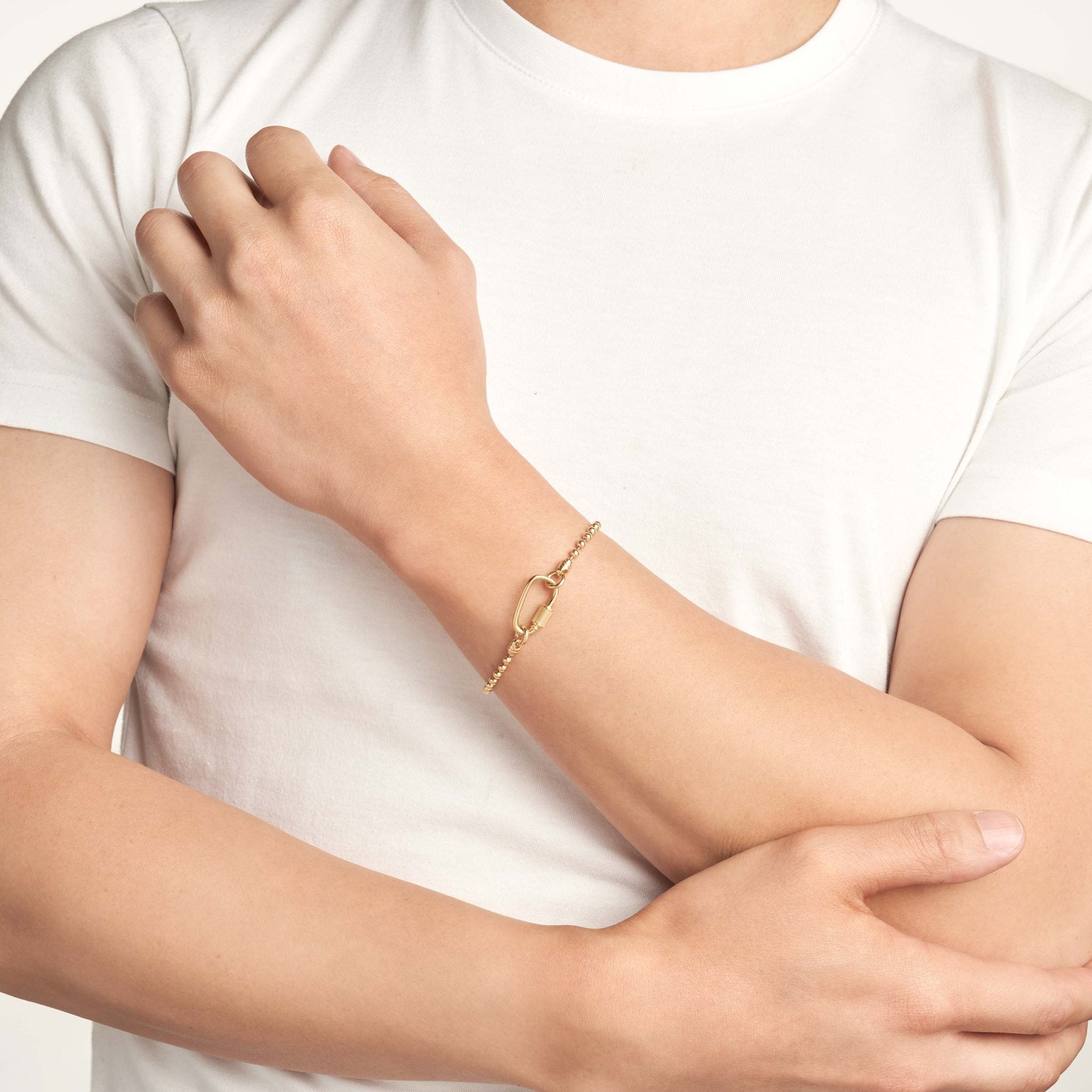 Real 14k Yellow Gold Unisex Oval Twist Barrel Lock Bead Bracelet, 8.5 Inch