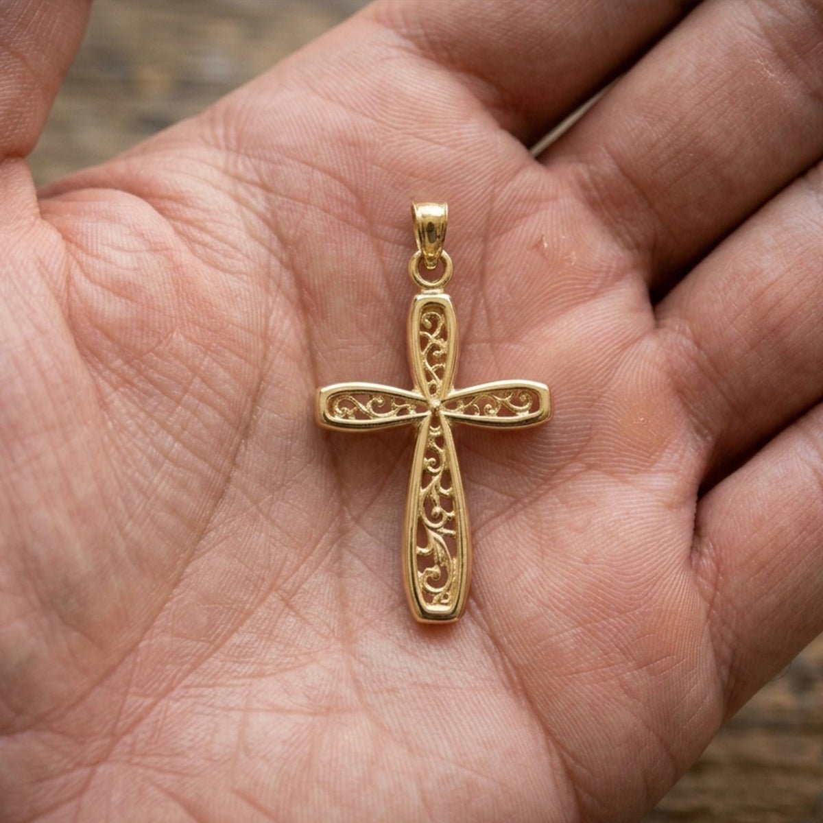 Real Gold Cross with Filigree Center Charm Pendant, 24x14mm