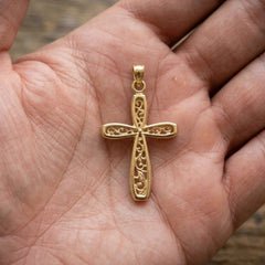 Real Gold Cross with Filigree Center Charm Pendant, 24x14mm