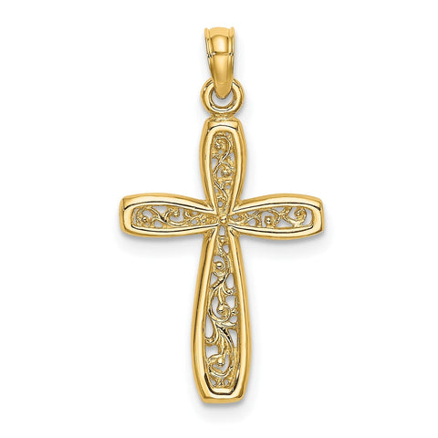 Real Gold Cross with Filigree Center Charm Pendant, 24x14mm