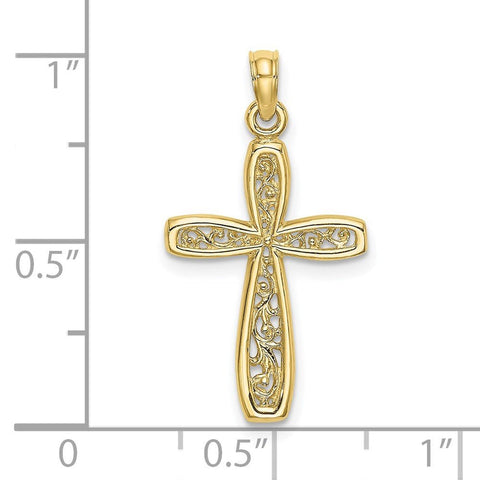 Real Gold Cross with Filigree Center Charm Pendant, 24x14mm