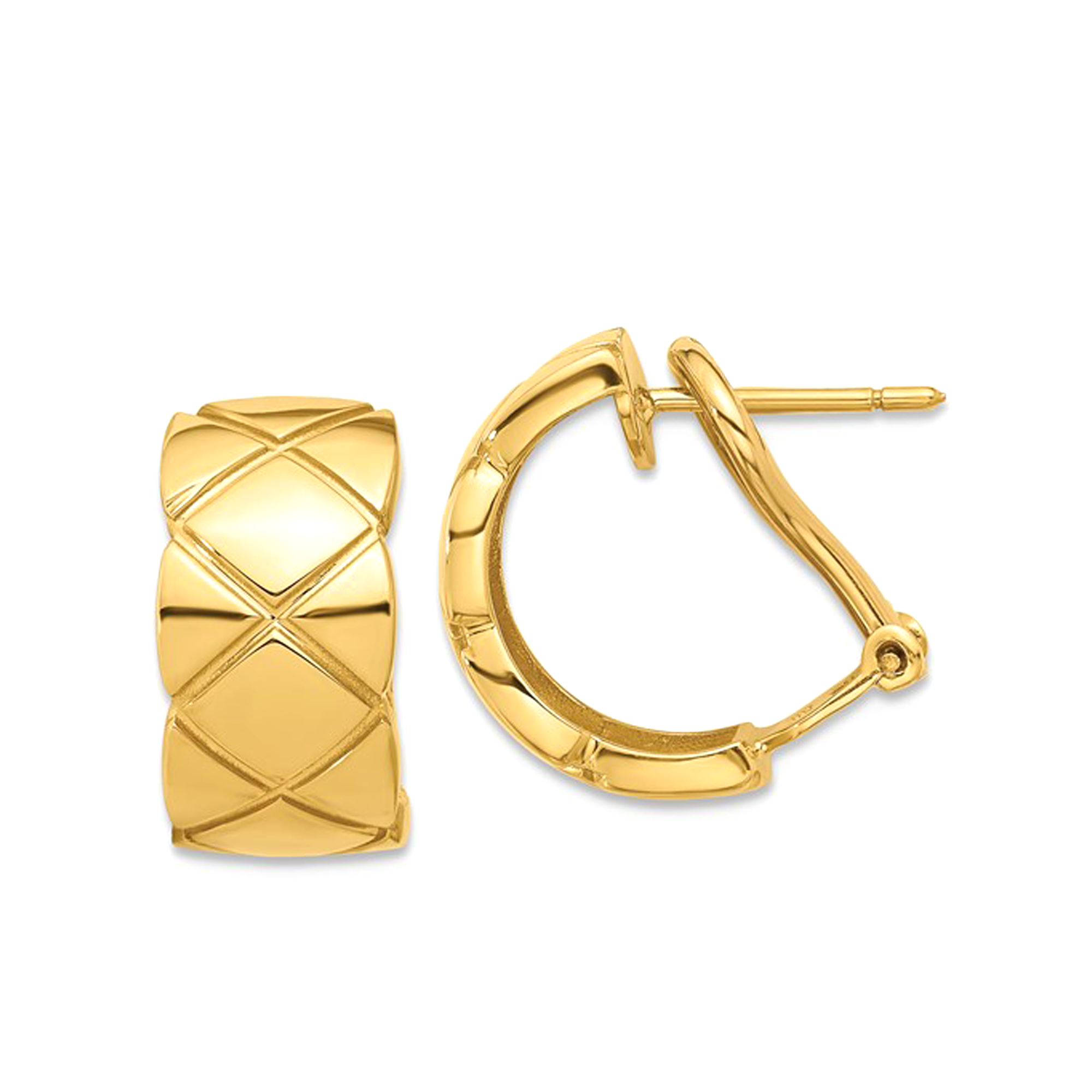 18K Real Yellow Gold Criss Cross Omega Back C-Hoop Earrings, 17mm Diameter fine designer jewelry for men and women