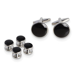 Rhodium - plated Black Enameled Cuff Link and Tuxedo Studs Set - JewelryAffairs