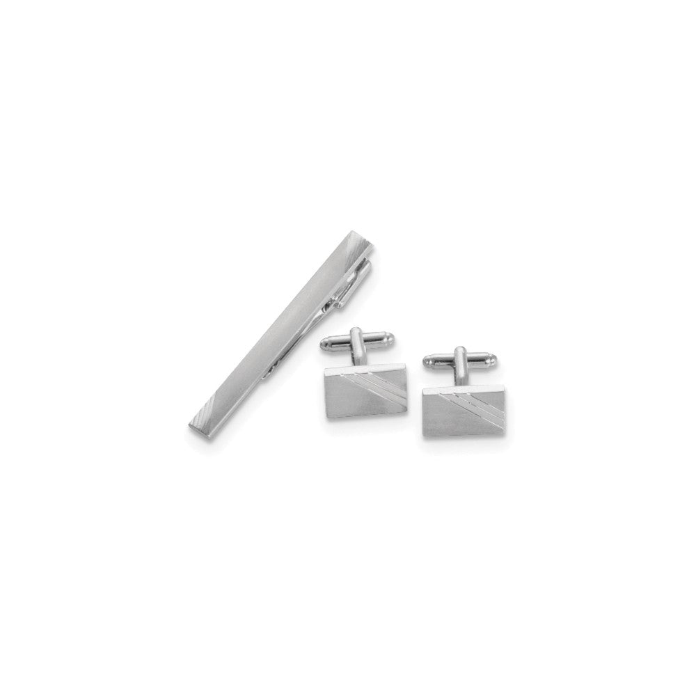 Rhodium - plated Satin Finish Striped Design Cuff Link and Tie Bar Set - JewelryAffairs