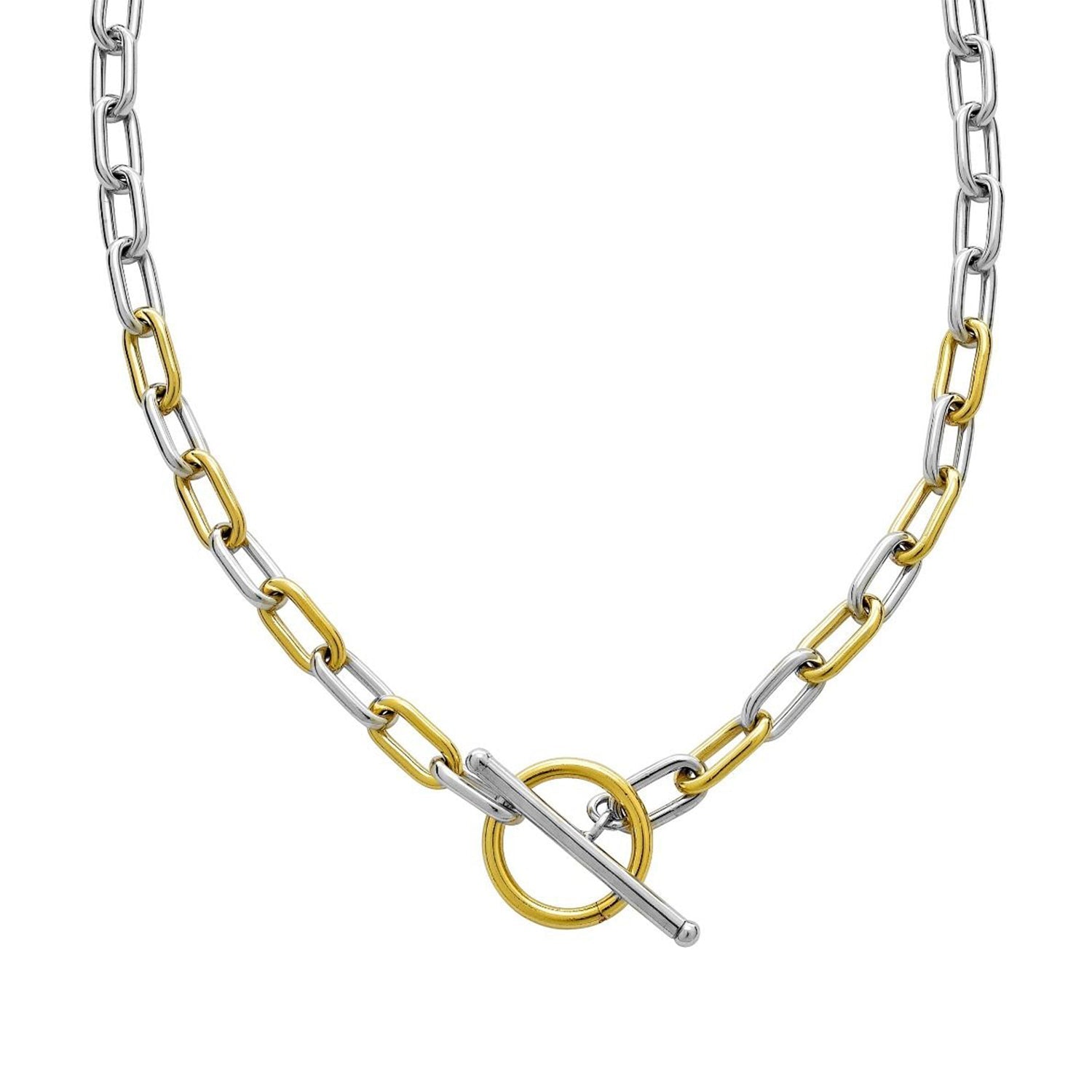 Silver & 18K Yellow Gold Oval Link T-Bar Link Necklace 18 Inch - JewelryAffairs