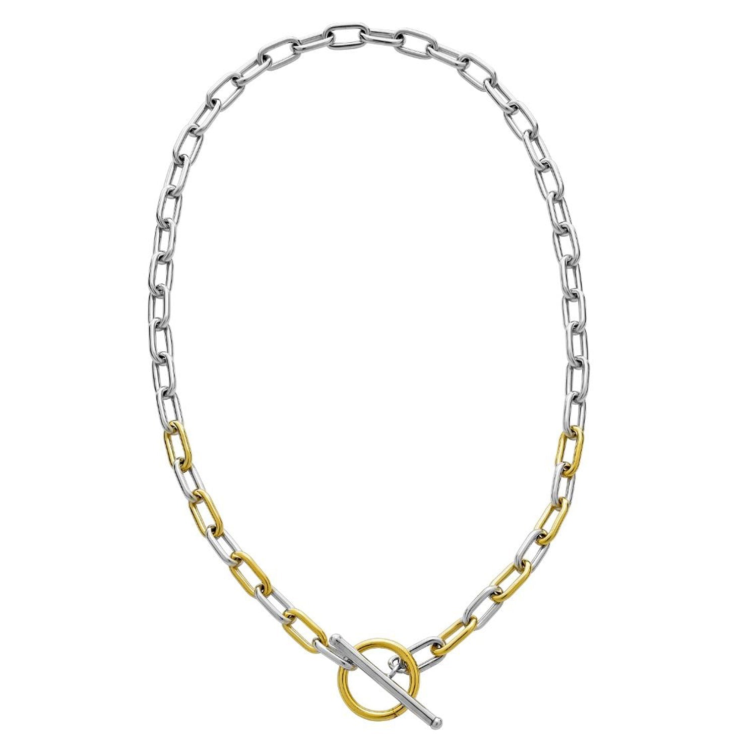 Silver & 18K Yellow Gold Oval Link T-Bar Link Necklace 18 Inch - JewelryAffairs