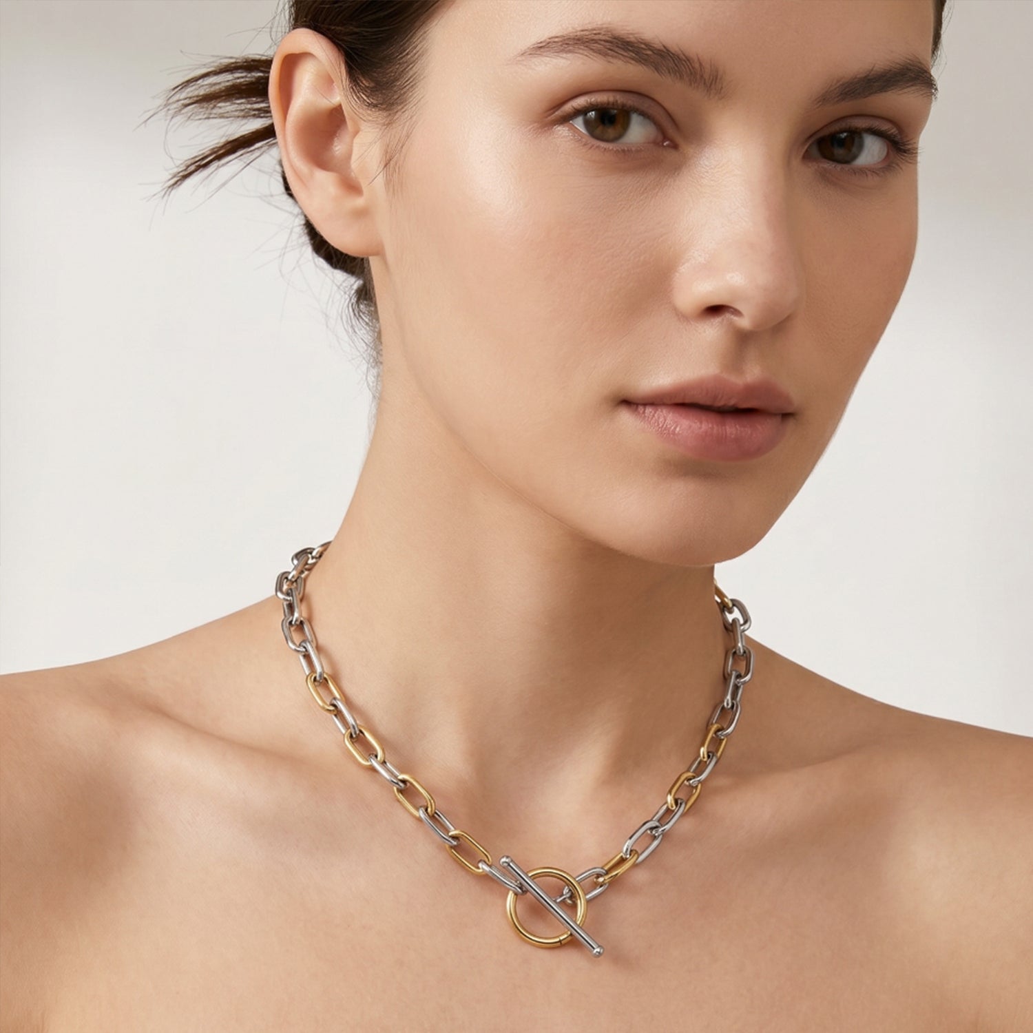 Silver & 18K Yellow Gold Oval Link T-Bar Link Necklace 18 Inch - JewelryAffairs