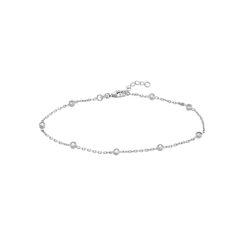 Sterling Silver Cubic Zirconia Station Chain Anklet, Adjustable 9-10 Inches
