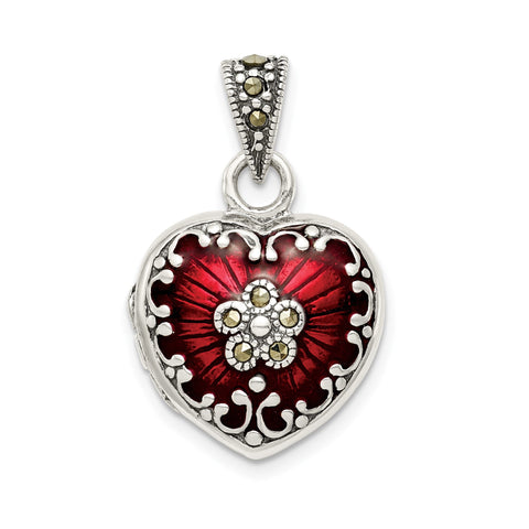 Sterling Silver Heart Locket Pendant with Red Enamel and Marcasite, 25x17mm