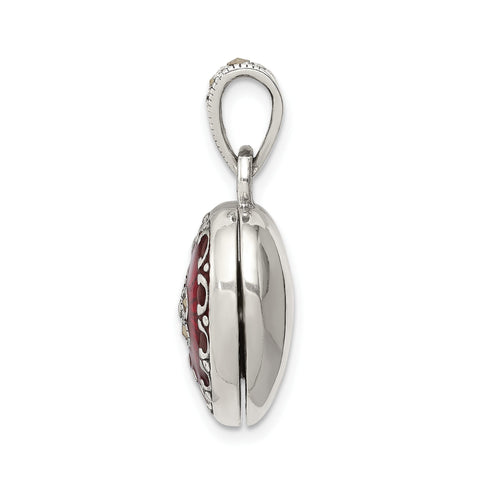 Sterling Silver Heart Locket Pendant with Red Enamel and Marcasite, 25x17mm