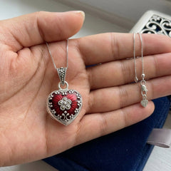 Sterling Silver Heart Locket Pendant with Red Enamel and Marcasite, 25x17mm