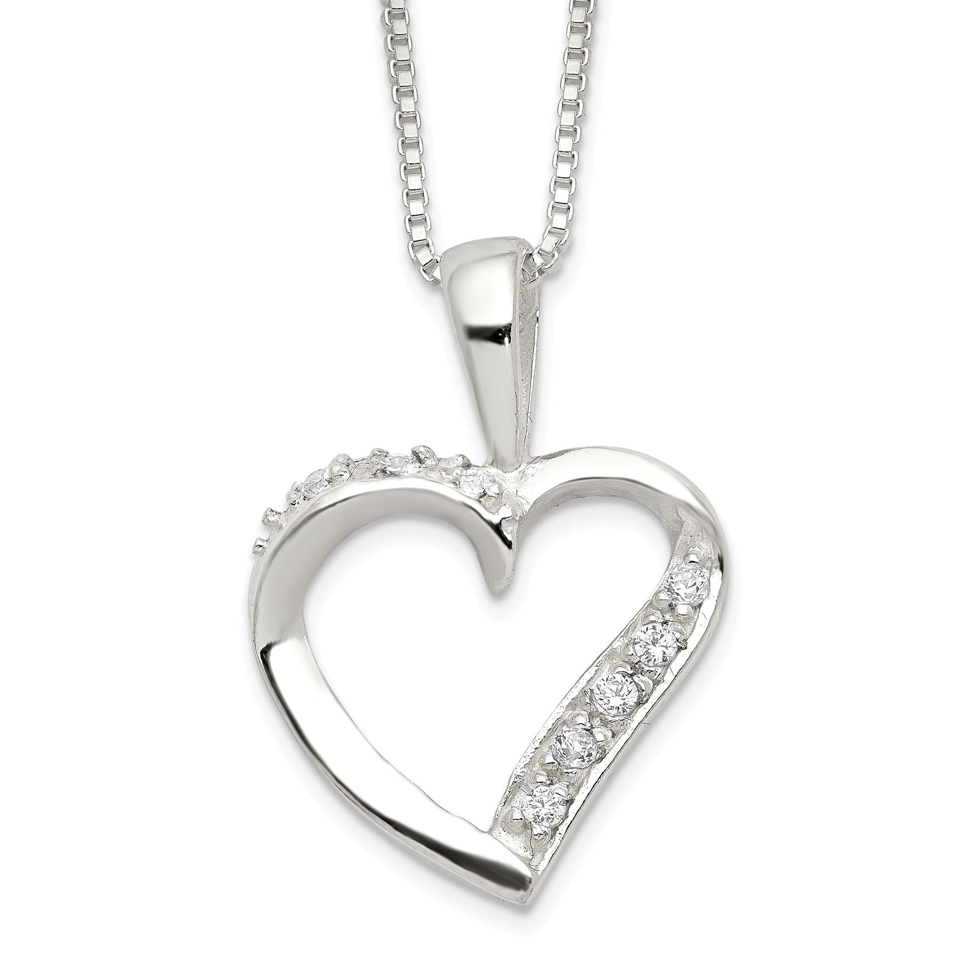 Sterling Silver Heart Pendant Necklace with CZ Stones, 18 inch Chain