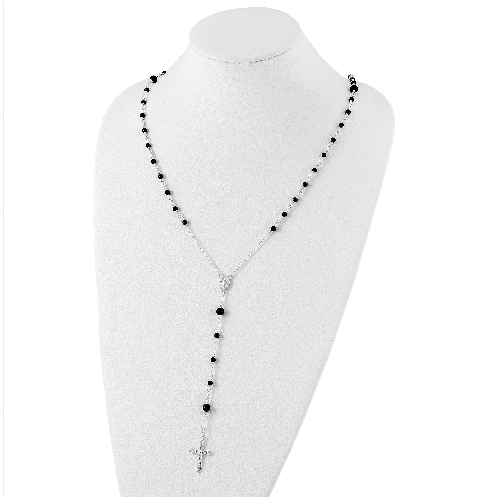 Sterling Silver High Polished Black Onyx Rosary Necklace, 33 Inch - JewelryAffairs
