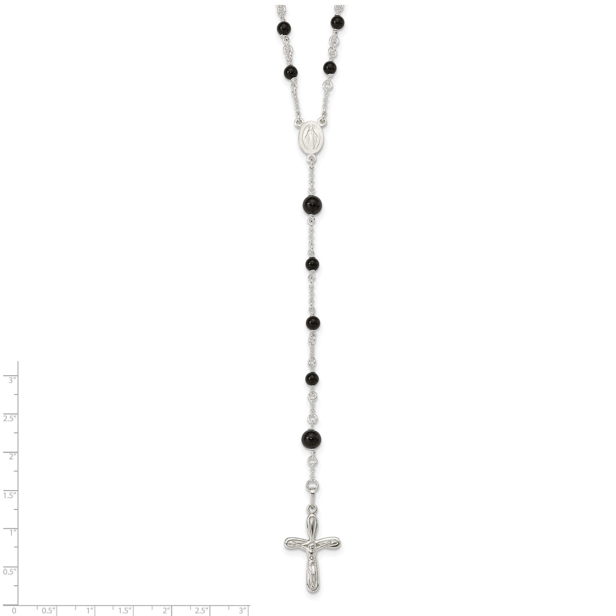 Sterling Silver High Polished Black Onyx Rosary Necklace, 33 Inch - JewelryAffairs