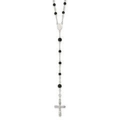 Sterling Silver High Polished Black Onyx Rosary Necklace, 33 Inch - JewelryAffairs