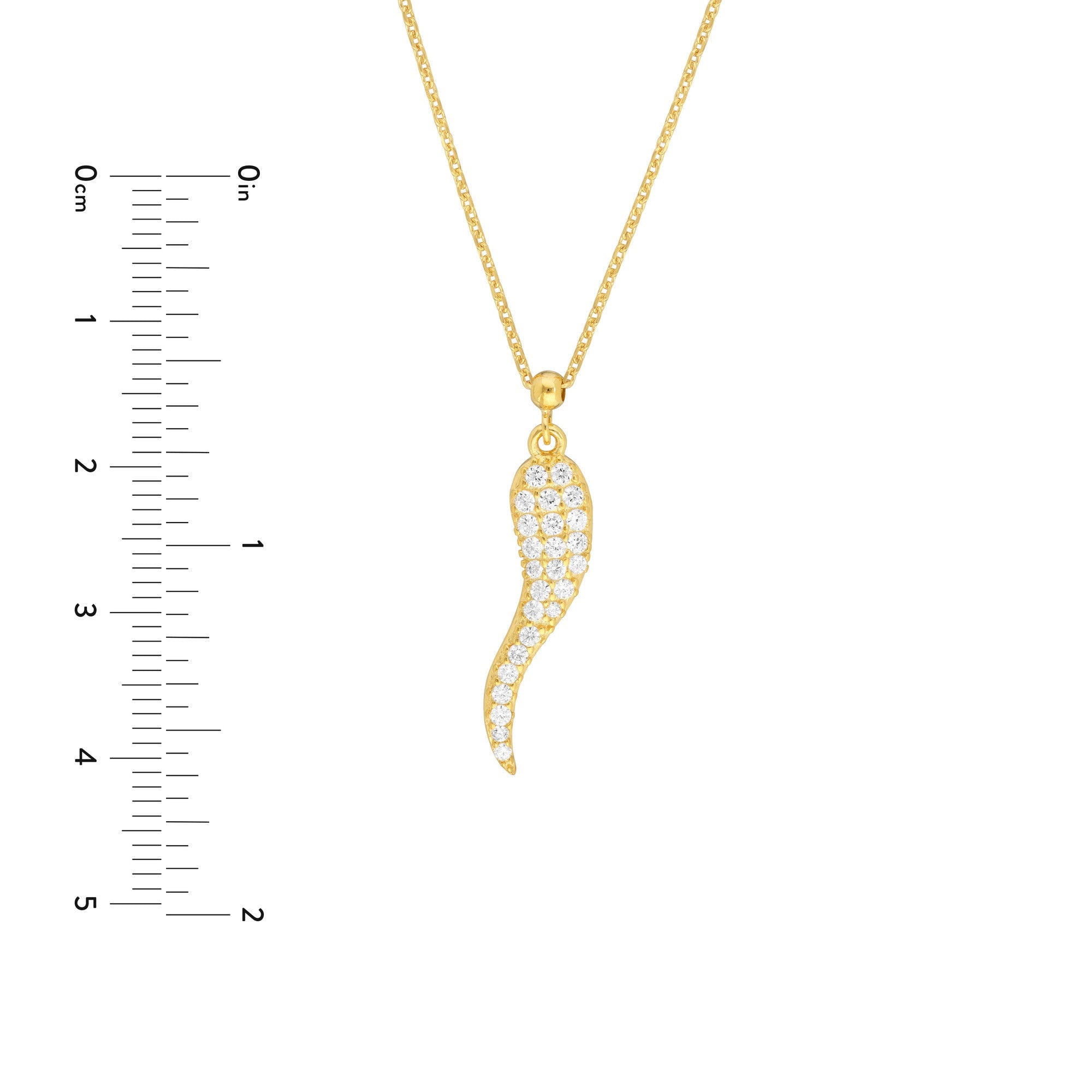 Sterling Silver Italian Horn Pendant Necklace with CZ Stones, 18 Inches, Adjustable