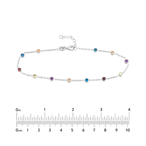 Sterling Silver Multi-Color CZ Chain Anklet, 10 Inch, Adjustable