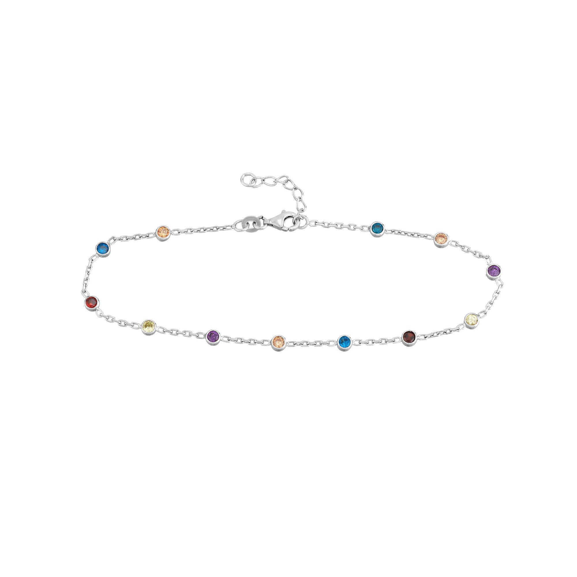 Sterling Silver Multi-Color CZ Chain Anklet, 10 Inch, Adjustable