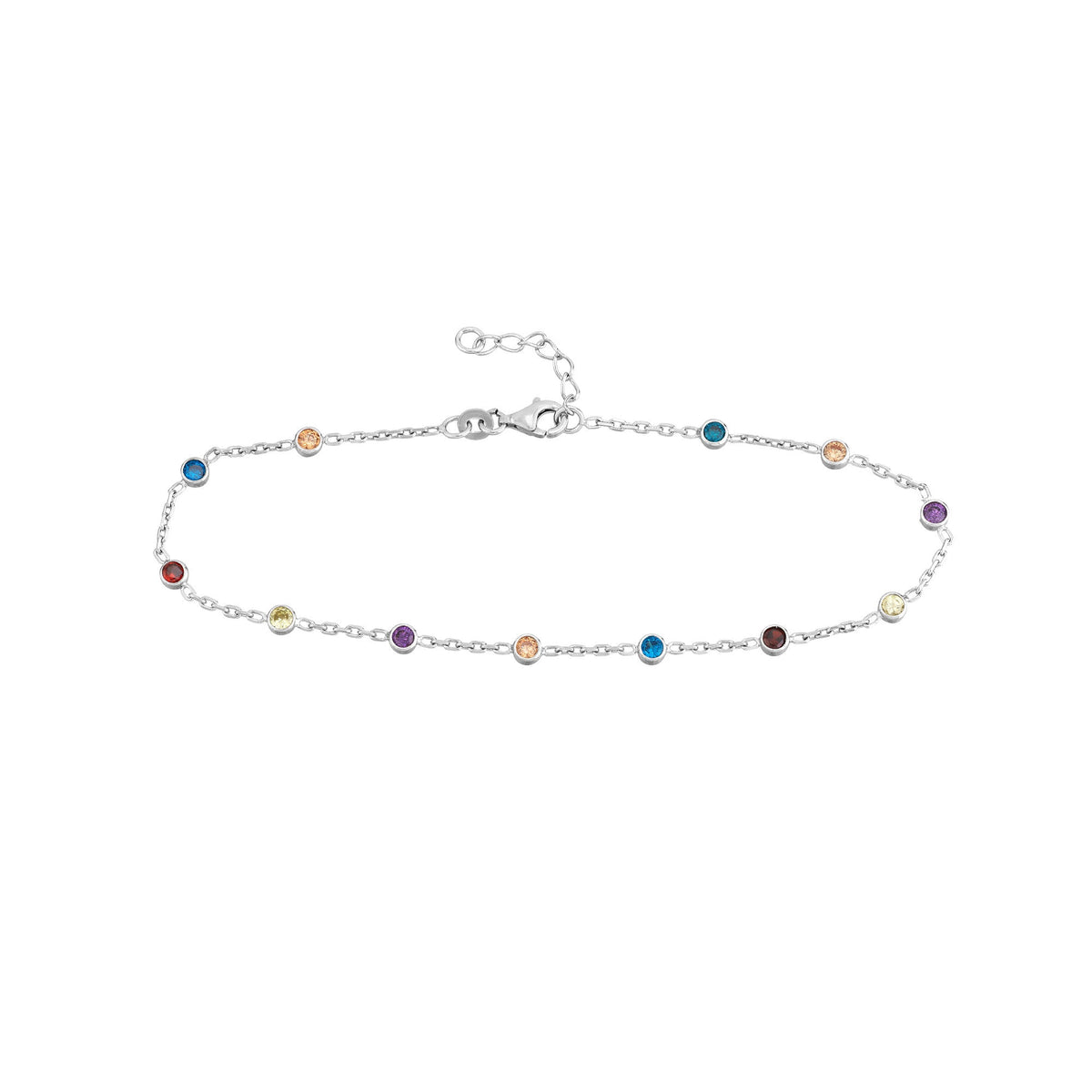 Sterling Silver Multi-Color CZ Chain Anklet, 10 Inch, Adjustable