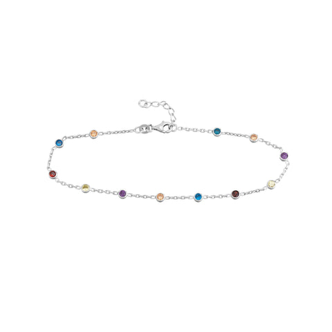 Sterling Silver Multi-Color CZ Chain Anklet, 10 Inch, Adjustable