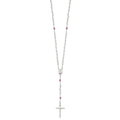 Sterling Silver Polished Crystal Rose Quartz Rosary Cross Necklace, 21.5 Inch